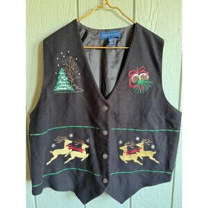 Vintage Karen Scott Christmas Vest 2X Embroidered Snowflakes & Trees